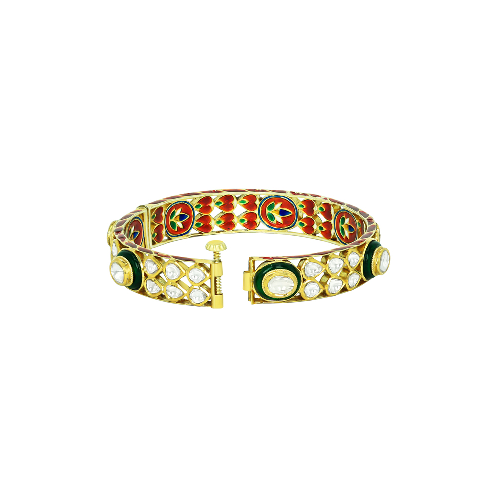 Polki Bangle with Green Borders and Red-Green Enamel Work